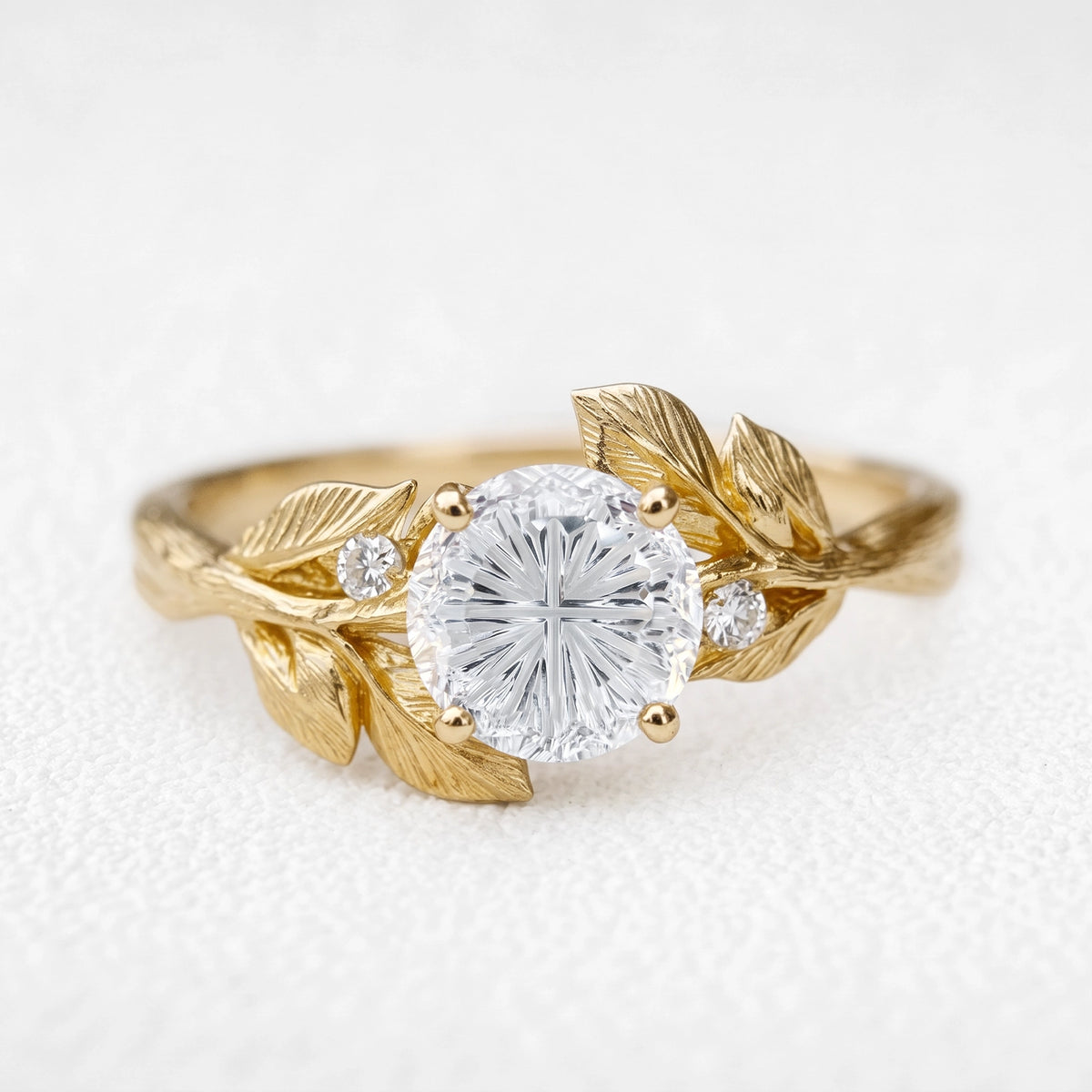 Daphne’s Dawn | Round Fantasy-Cut White Sapphire Foliage Engagement Ring