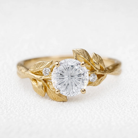 Daphne’s Dawn | Round Fantasy-Cut White Sapphire Foliage Engagement Ring