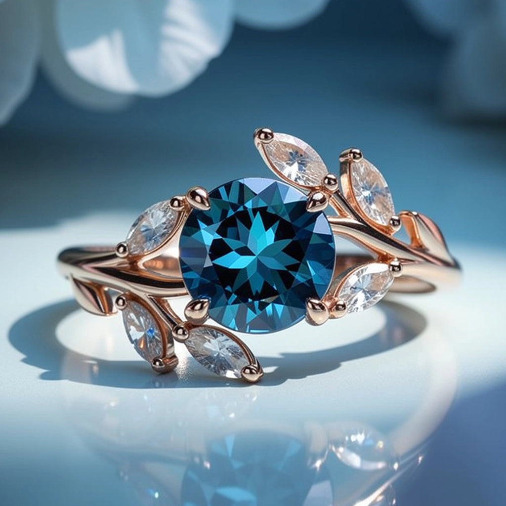 Sylvana 1CT Round Cut Royal Blue Gemstone Vine Ring.
