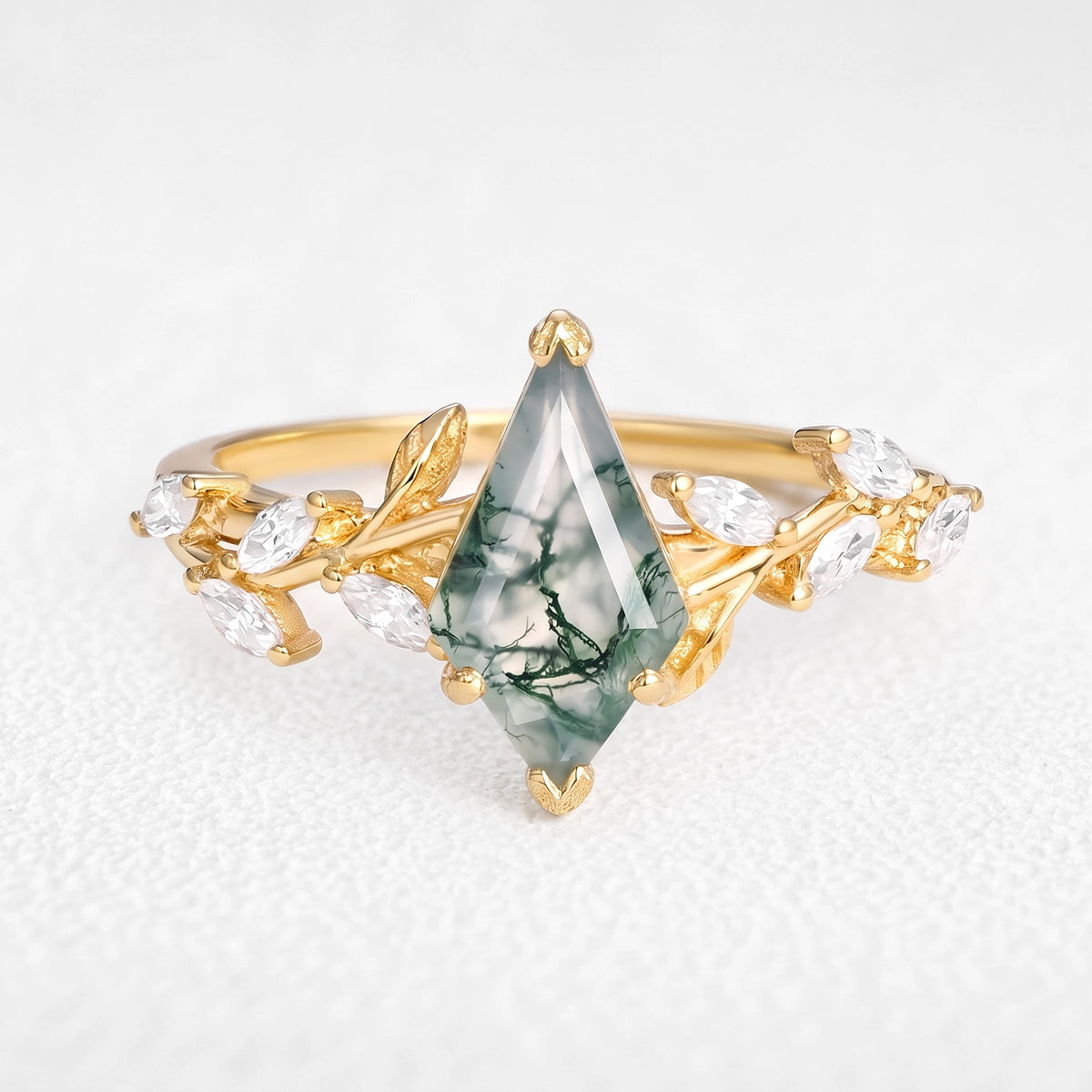 Celandine’s Tendril | Kite Cut Moss Agate Vine Engagement Ring