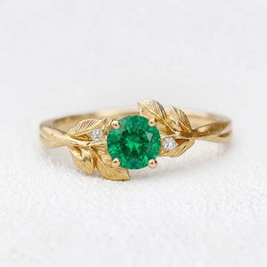 Diana’s Verdant | Round Cut Emerald Foliage Engagement Ring