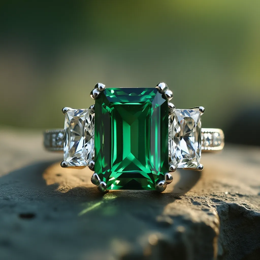 Cleo's Regal | 3CT Baguette Emerald Solitaire Statement Ring.