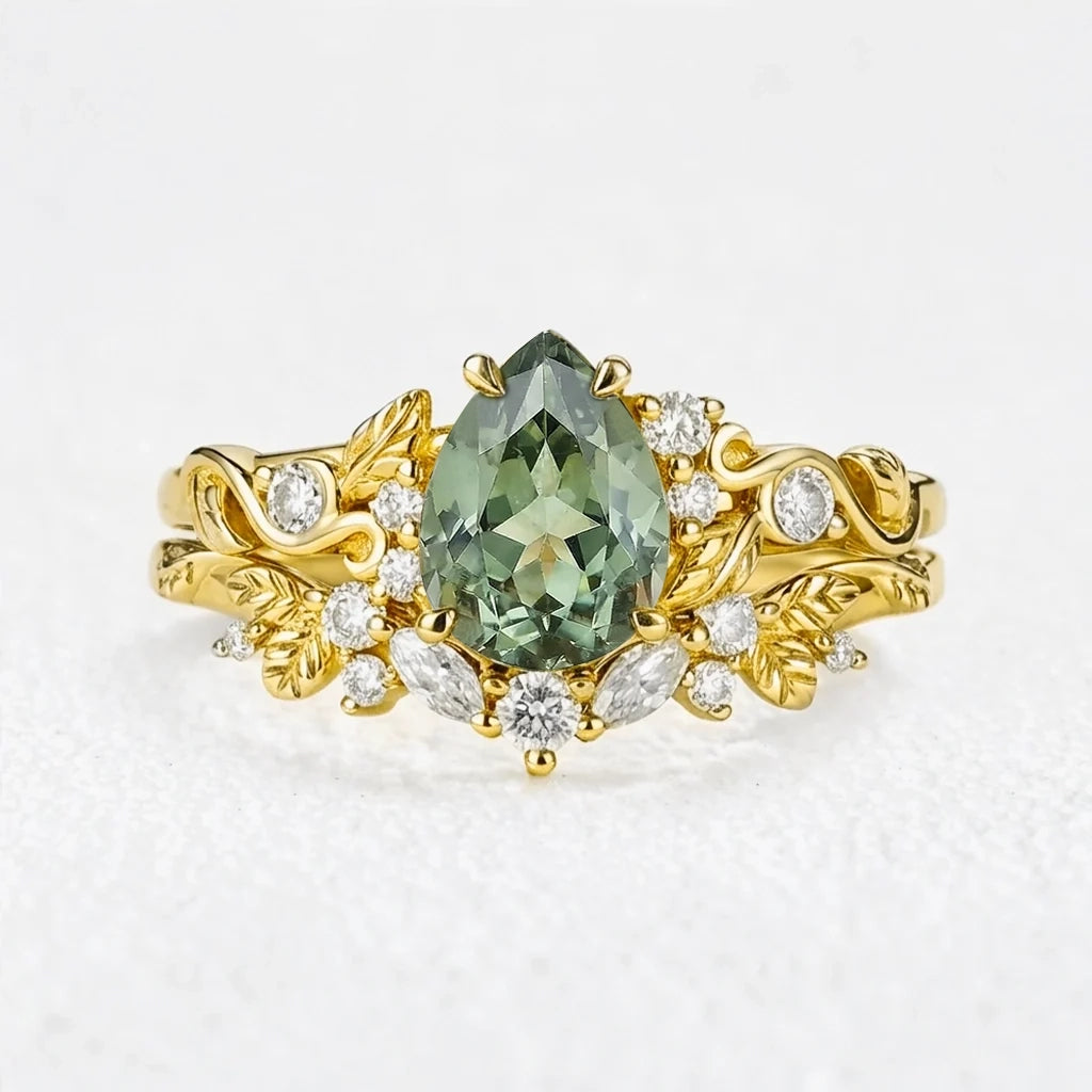 Sylvie’s Vine | 1.3CT Vintage Green Sapphire & Leaf Bridal Set 2pcs
