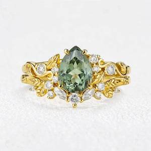 Sylvie’s Vine | 1.3CT Vintage Green Sapphire & Leaf Bridal Set 2pcs