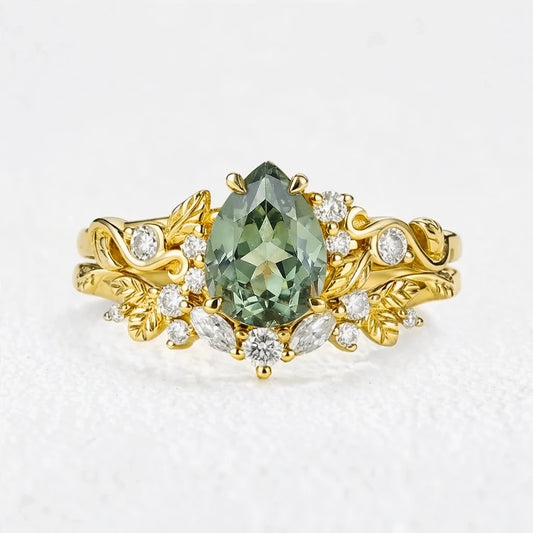 Sylvie’s Vine | 1.3CT Vintage Green Sapphire & Leaf Bridal Set 2pcs