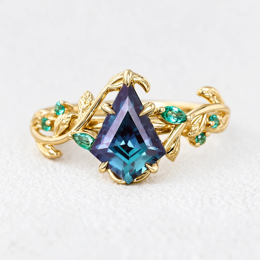 Celestine’s Mirage | Kite Alexandrite with Emerald Foliage Engagement Ring