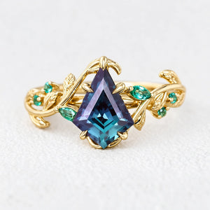 Celestine’s Mirage | Kite Alexandrite with Emerald Foliage Engagement Ring