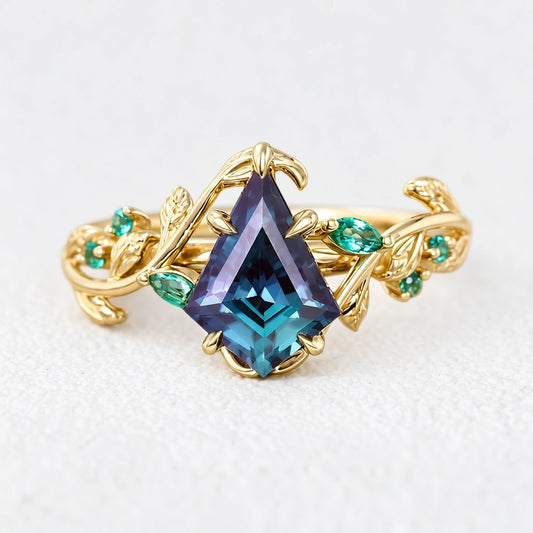 Celestine’s Mirage | Kite Alexandrite with Emerald Foliage Engagement Ring