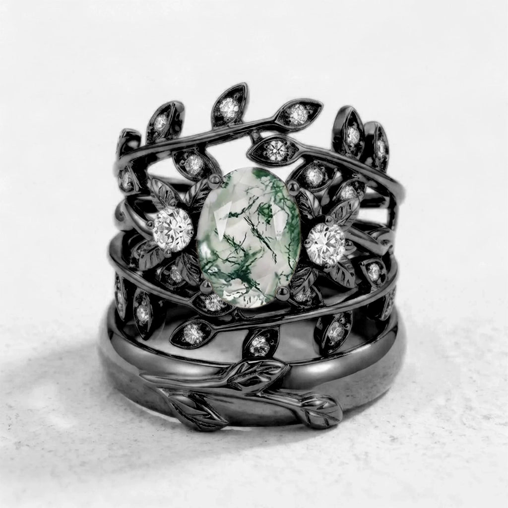 Léonie Oval Cut Moss Agate Leafy Gold Couple Ring Set.