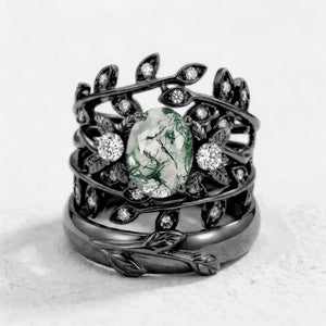 Léonie Oval Cut Moss Agate Leafy Gold Couple Ring Set.