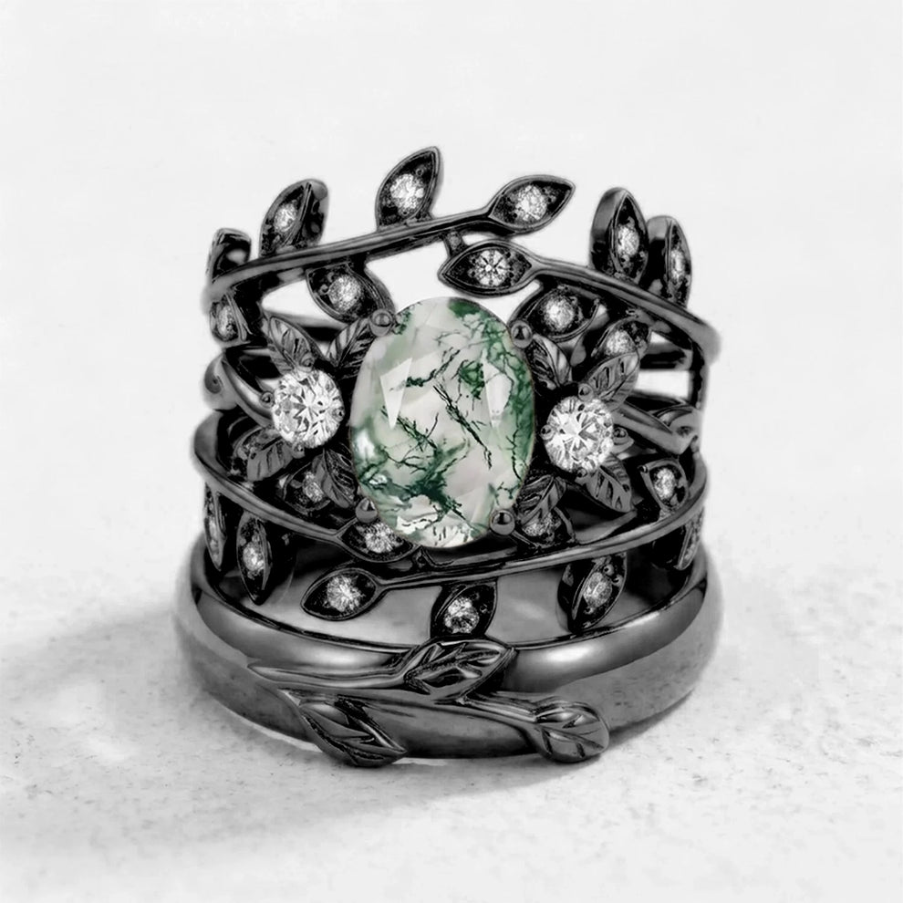 Léonie Oval Cut Moss Agate Leafy Gold Couple Ring Set.