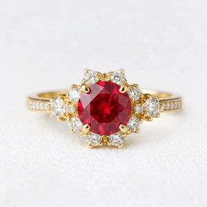 Valencia’s Pulse | Burgundy Round Ruby Halo Engagement Ring