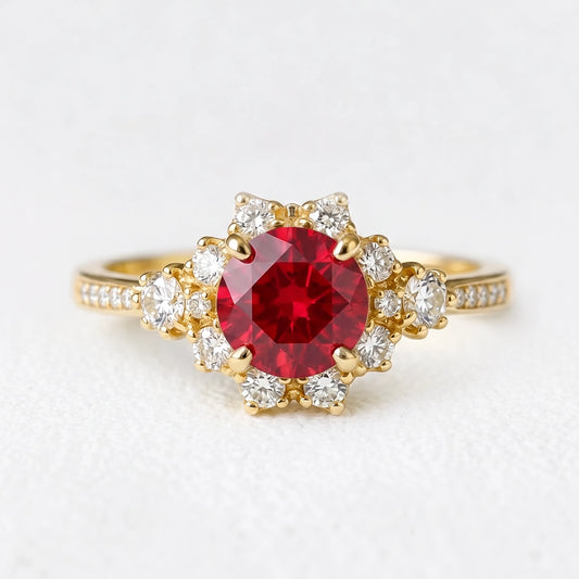 Valencia’s Pulse | Burgundy Round Ruby Halo Engagement Ring