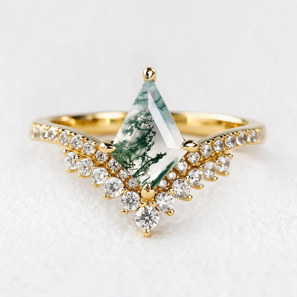 Celestine’s Chevron | Kite Cut Moss Agate Cluster Engagement Ring with V‑Shaped Diamond Band