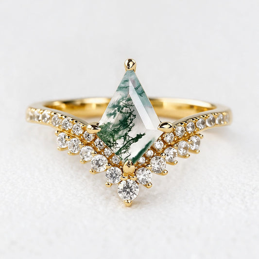 Celestine’s Chevron | Kite Cut Moss Agate Cluster Engagement Ring with V‑Shaped Diamond Band
