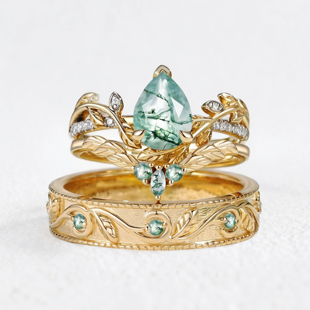 Juniper’s Copse | Pear Cut Moss Agate Cluster Couple Ring Set.