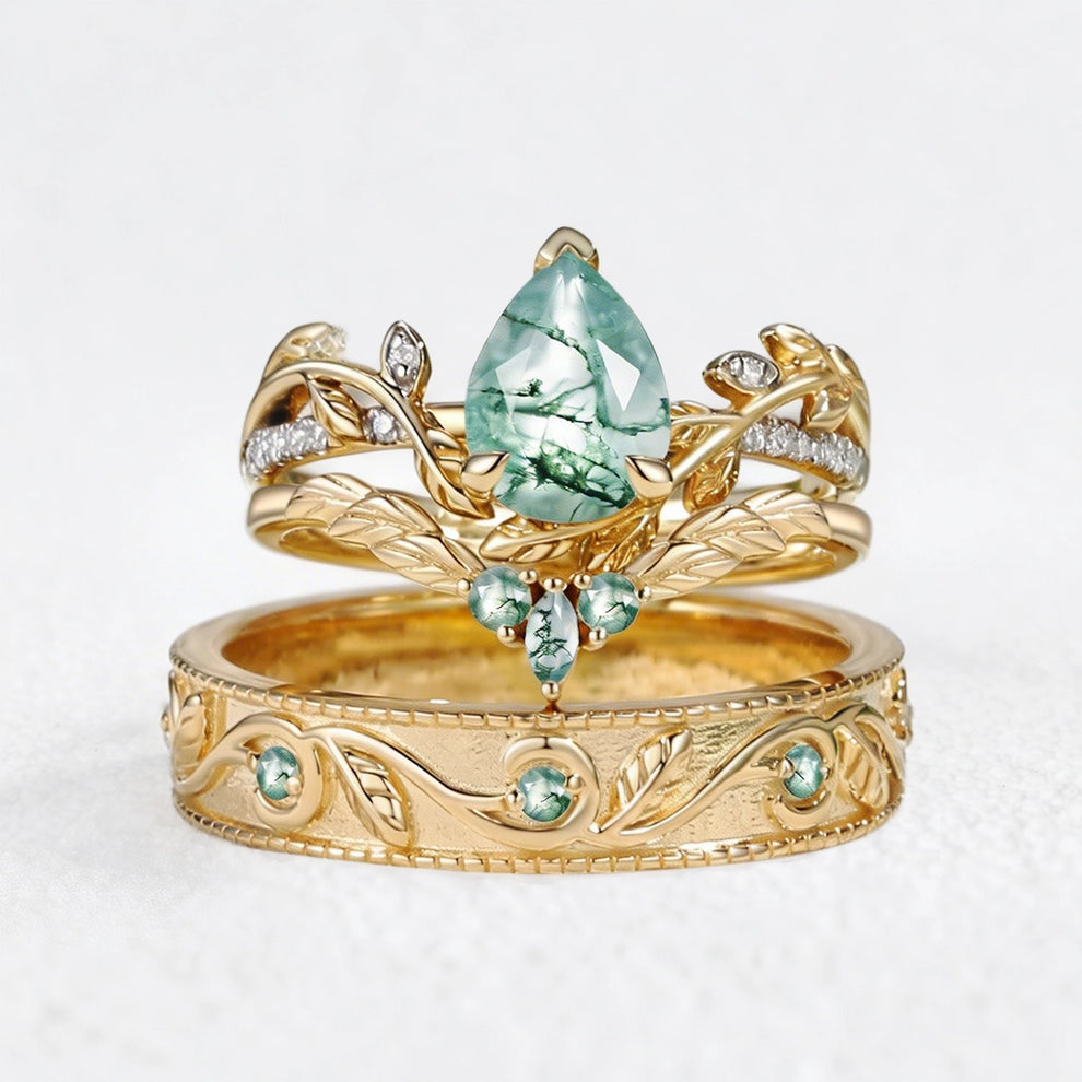 Juniper’s Copse | Pear Cut Moss Agate Cluster Couple Ring Set.