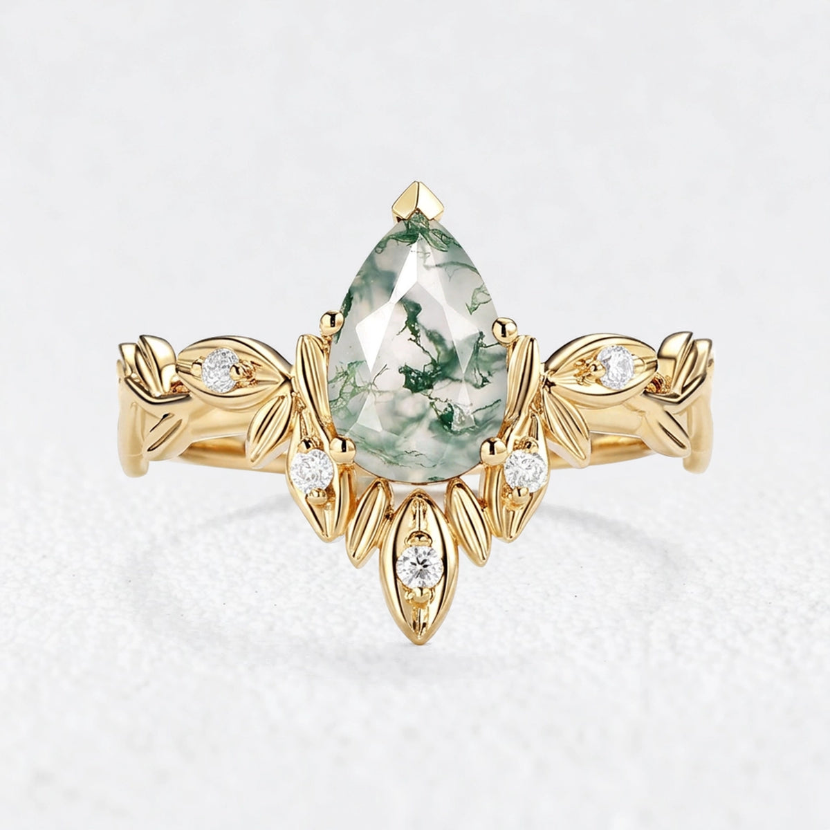Calista’s Frond | Pear Cut Moss Agate Leafy Engagement Ring