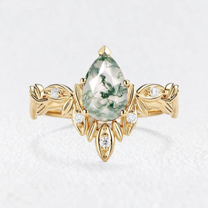 Calista’s Frond | Pear Cut Moss Agate Leafy Engagement Ring