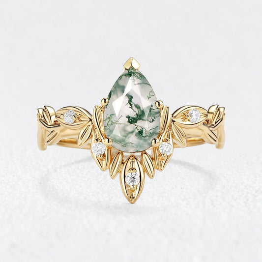 Calista’s Frond | Pear Cut Moss Agate Leafy Engagement Ring