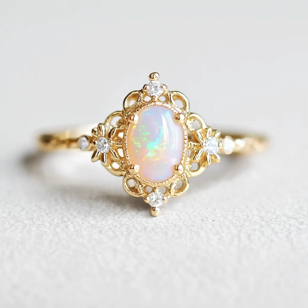 Aurora’s Sheen |  Classic Oval Opal Antique Engagement Ring.
