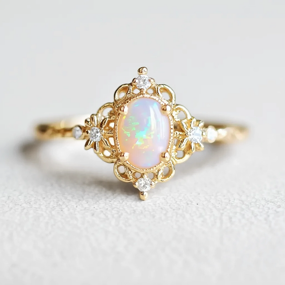 Aurora’s Sheen |  Classic Oval Opal Antique Engagement Ring.