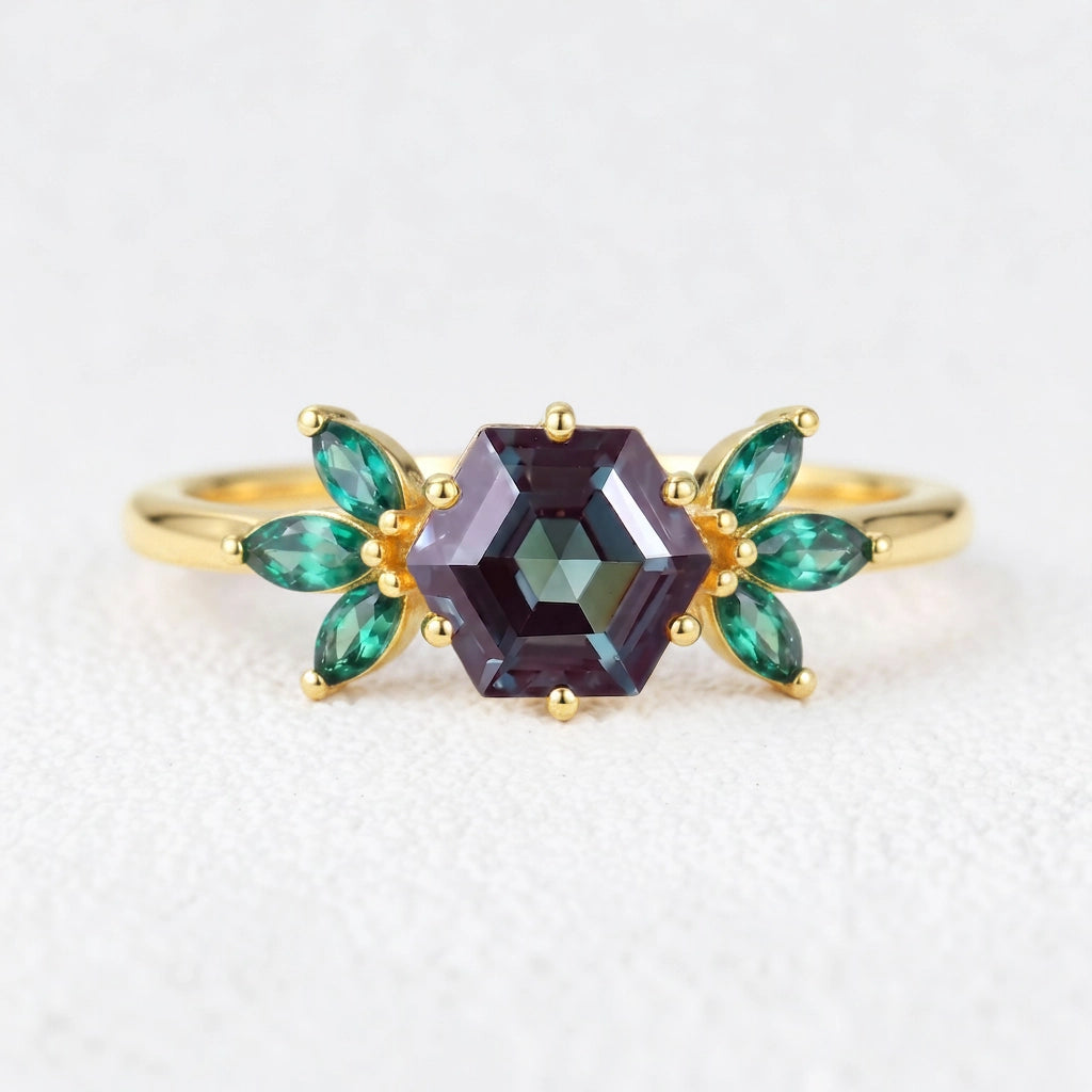 Isadora’s Prism | Hexagon Alexandrite Emerald Accents Engagement Ring