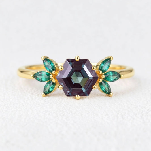 Isadora’s Prism | Hexagon Alexandrite Emerald Accents Engagement Ring