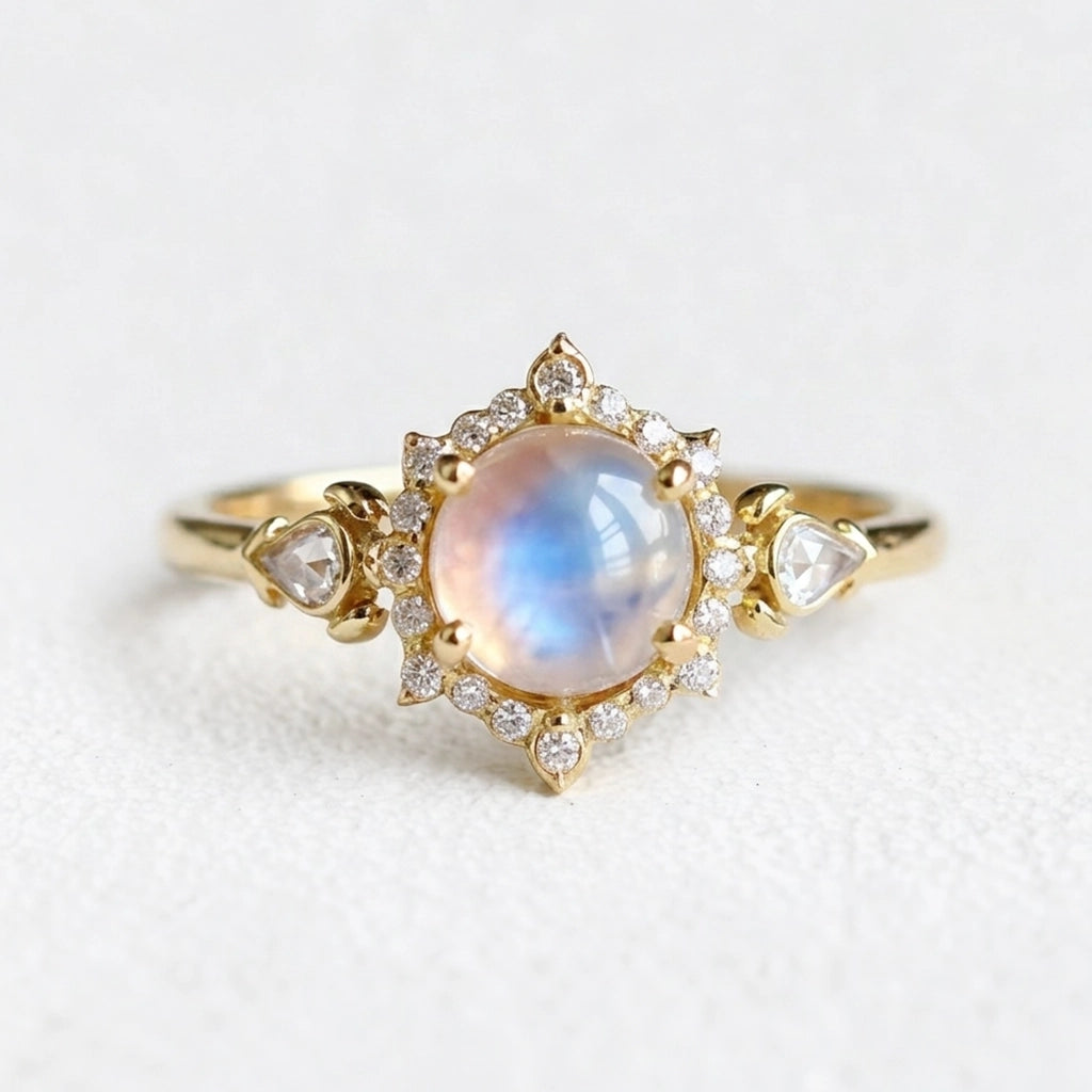 Lunar Cabochon Halo Ring – Vintage Moonstone & Diamond Engagement Ring.