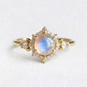 Lunar Cabochon Halo Ring – Vintage Moonstone & Diamond Engagement Ring.