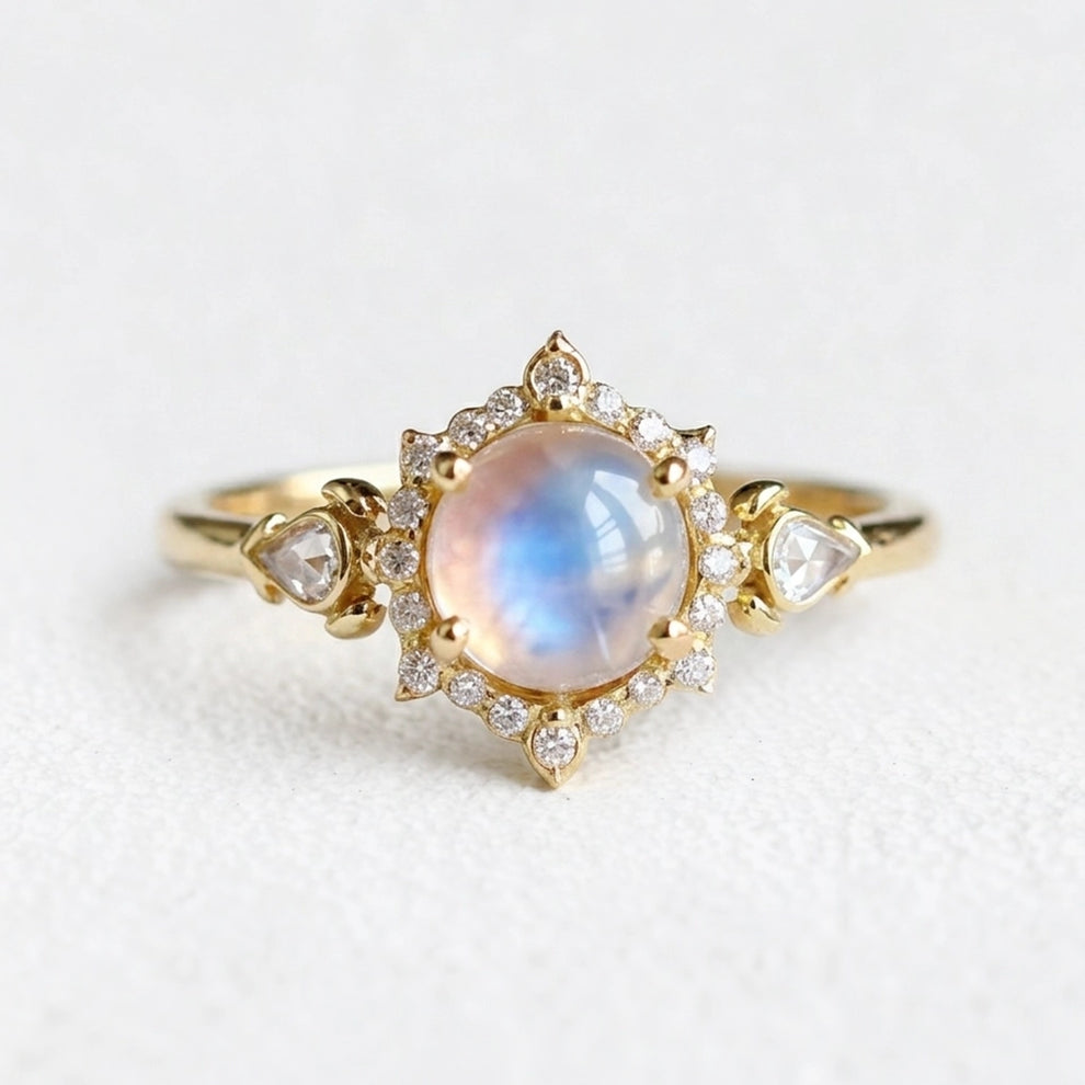 Lunar Cabochon Halo Ring – Vintage Moonstone & Diamond Engagement Ring.