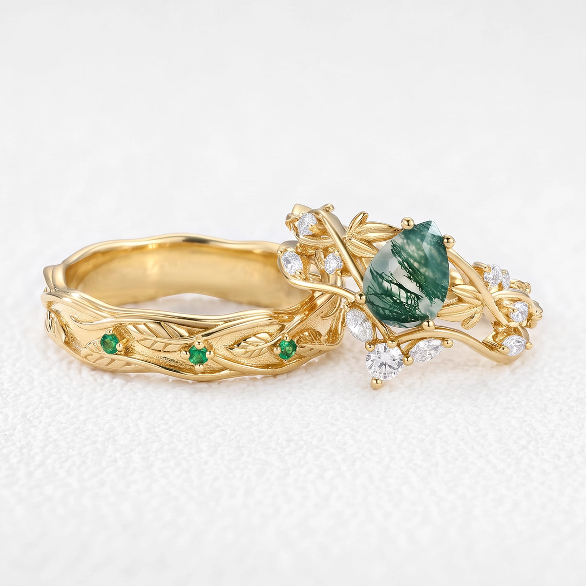 Sylvie’s Laurel | Pear-Cut Moss Agate Foliage Couple Ring Set 3pcs