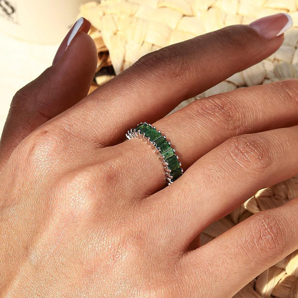 Natural Baguette Emerald Terrace Moss Agate Ring.