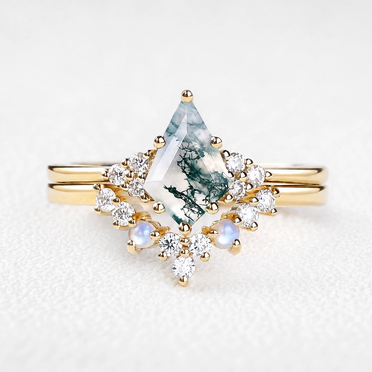 Diana’s Bower | Kite Cut Moss Agate & Moonstone Cluster Chevron Bridal Set 2pcs