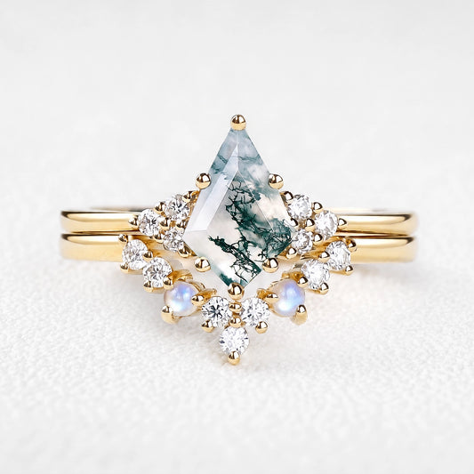 Diana’s Bower | Kite Cut Moss Agate & Moonstone Cluster Chevron Bridal Set 2pcs