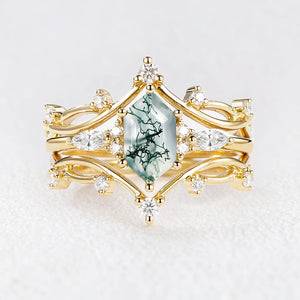 Ivy’s Entwined | Long Hexagon Moss Agate Leafy Bridal Set 3pcs.