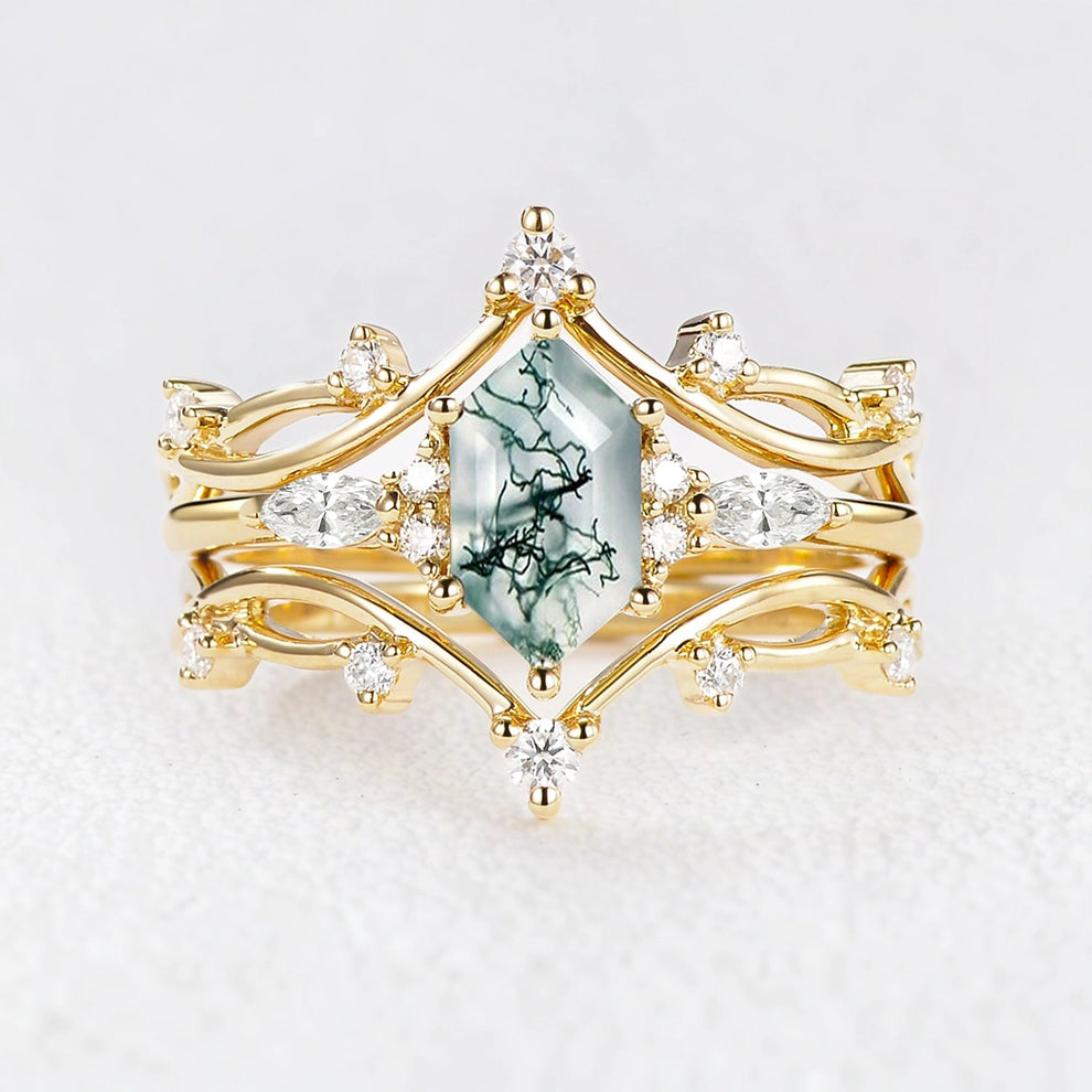 Ivy’s Entwined | Long Hexagon Moss Agate Leafy Bridal Set 3pcs.