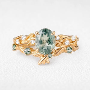 Clarissa’s Frond | Oval Moss Agate Leafy Bridal Set 2pcs