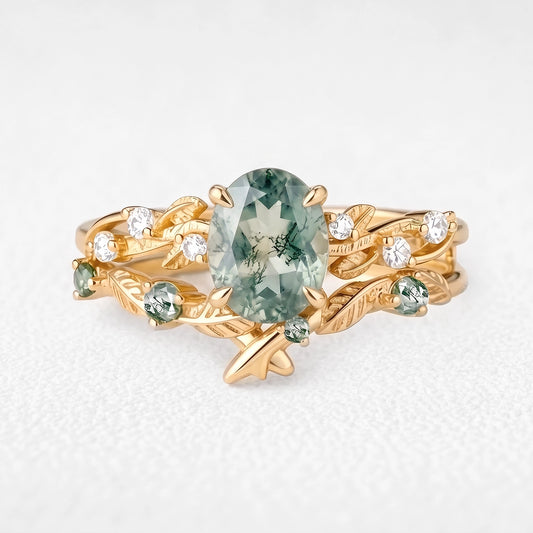 Clarissa’s Frond | Oval Moss Agate Leafy Bridal Set 2pcs