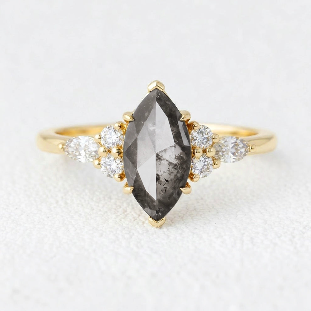 Isadora’s Stardust | Marquise Cut Salt & Pepper Diamond Cluster Engagement Ring