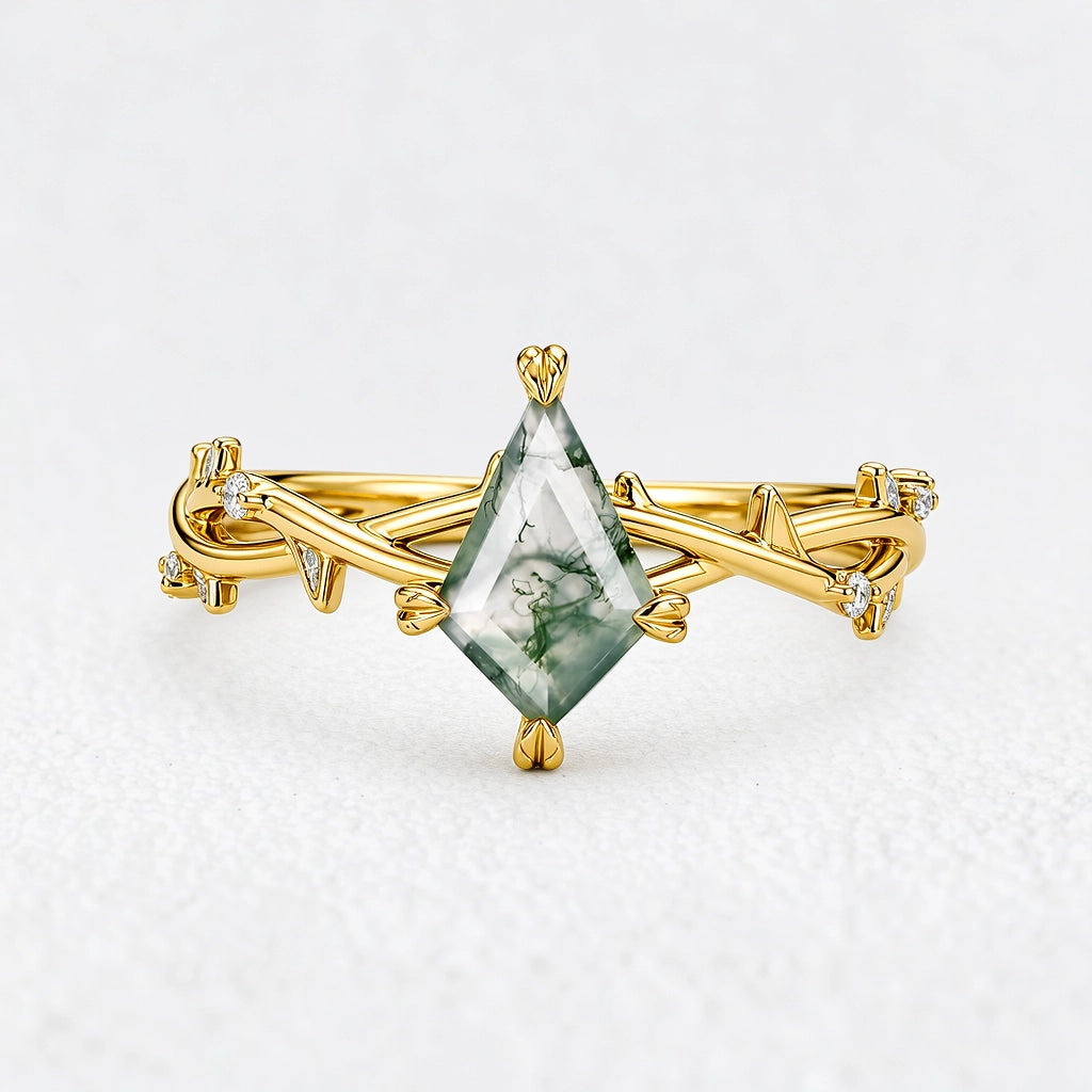 Sylvie’s Essence | Kite Cut Moss Agate Vine Engagement Ring