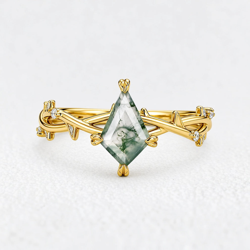Sylvie’s Essence | Kite Cut Moss Agate Vine Engagement Ring