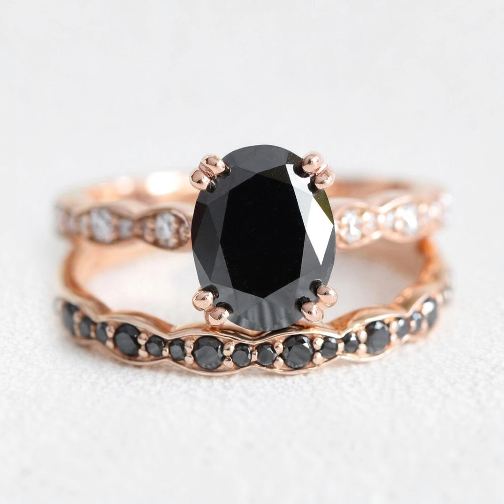 Nyx’s Shadow | Oval Black Diamond Bridal Set with Black Diamond Bands 2pcs.