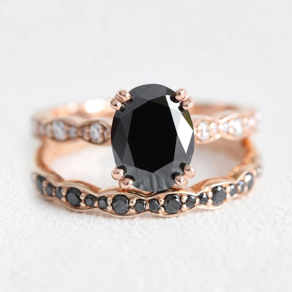 Nyx’s Shadow | Oval Black Diamond Bridal Set with Black Diamond Bands 2pcs.