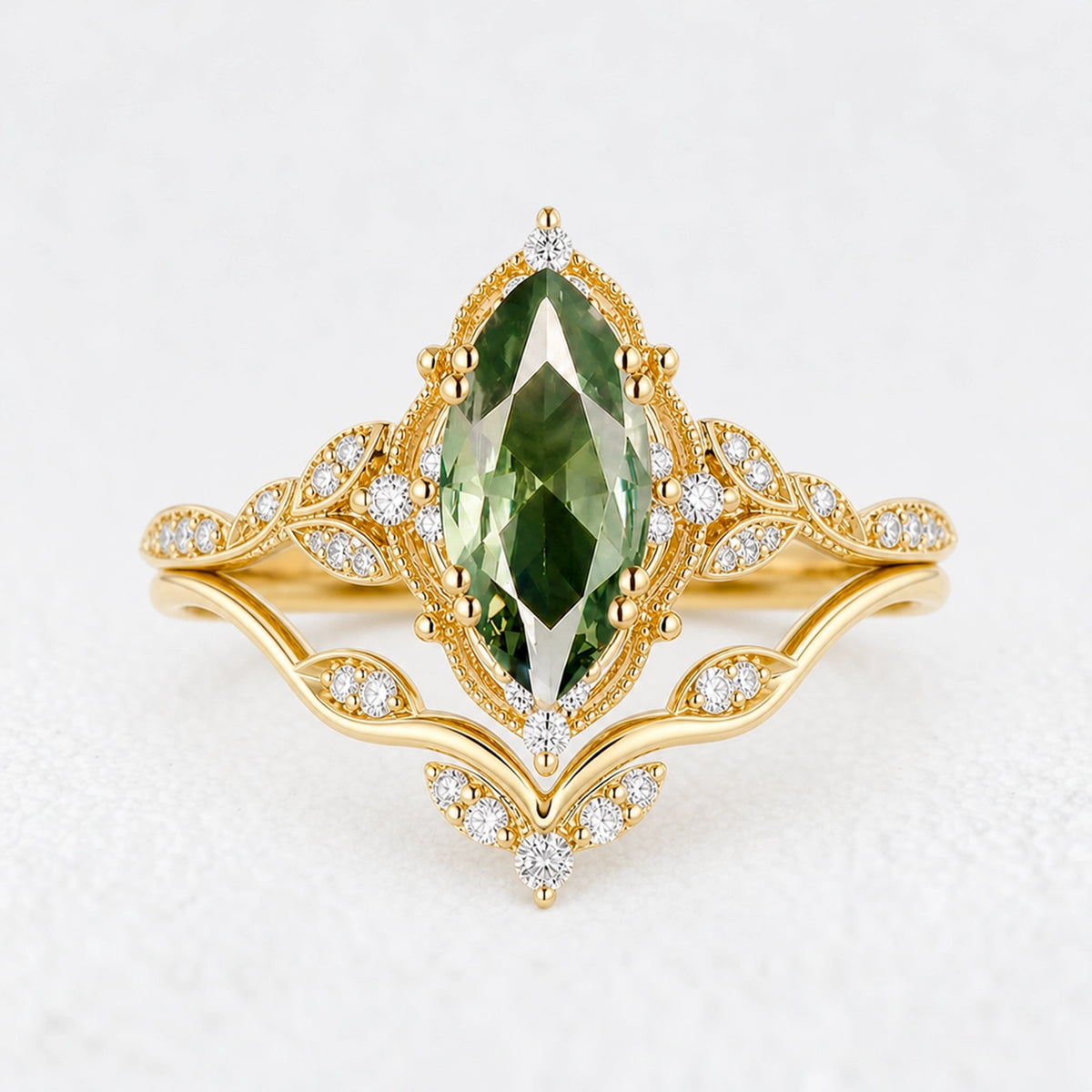 Marguerite’s Laurel | Marquise Green Sapphire Vine Bridal Duo