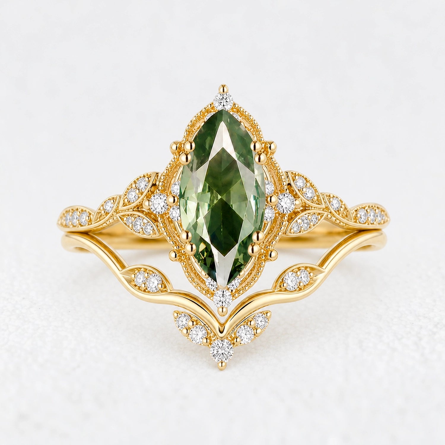 Marguerite’s Laurel | Marquise Green Sapphire Vine Bridal Duo