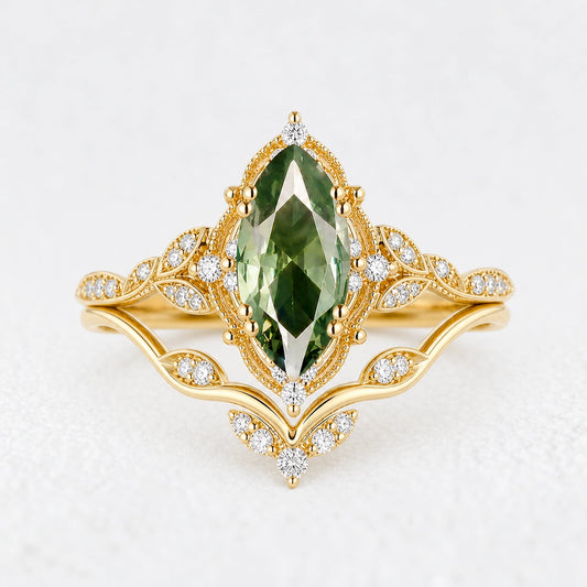 Marguerite’s Laurel | Marquise Green Sapphire Vine Bridal Duo