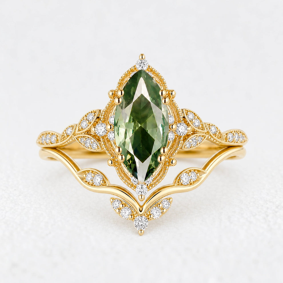 Marguerite’s Laurel | Marquise Green Sapphire Vine Bridal Duo