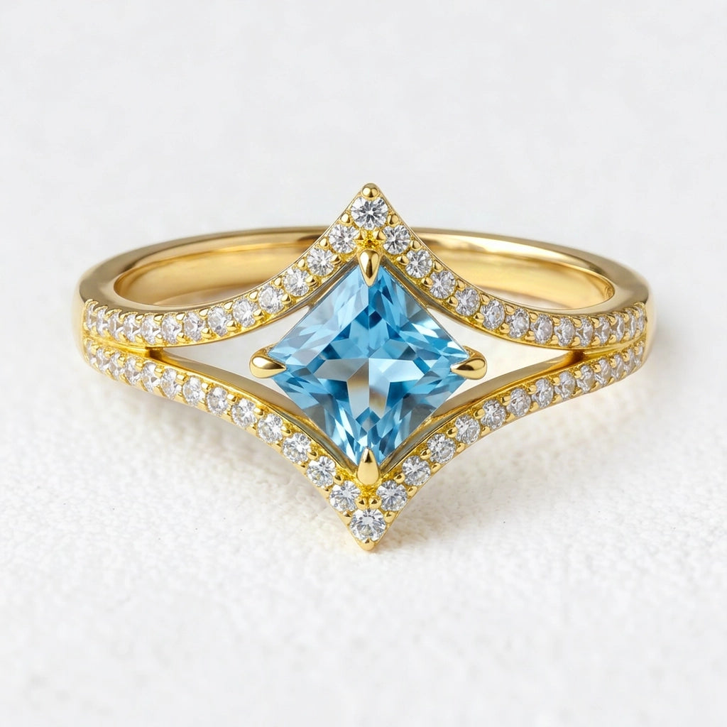 Celia’s Tide | 2CT Princess Aquamarine Halo Engagement Ring