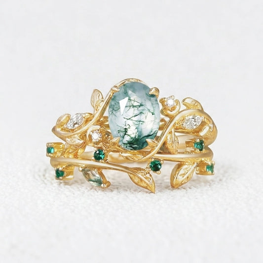 Oval Cut Moss Agate Branch Leafy Engagement Ring Set 2pcs.